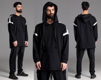 Black casual hooded pullover, cotton men's longsleeve jacket, loose sport hoodie sweater, urban fashion clothing, А0260