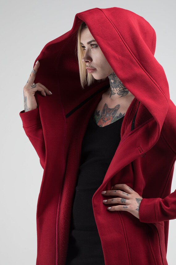 Red Hooded Cardigan Coat Women Streetwear Jacket Urban Unisex Etsy