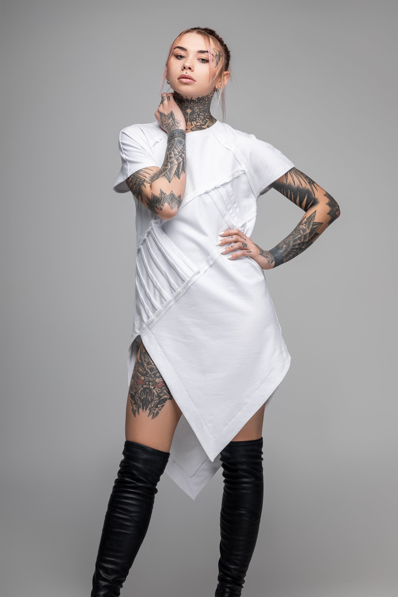 Asymmetric White T-shirt Dress Women Geometric Futuristic 