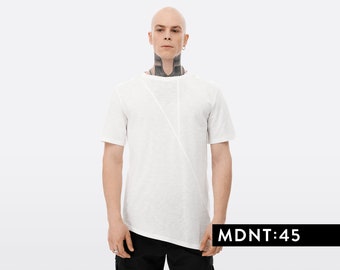 Geometric white t shirt, men asymmetric top, loose cotton tee, urban streetwear, designer trendy shirt, alternative clothing, A0512