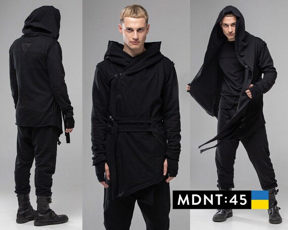 Black Techwear Jacket Hooded Cardigan Men Asymmetrical - Etsy UK