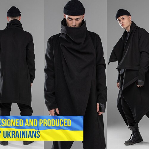 Black Long Trench Coat Men Cosplay Oversized Hoodie Black Long Trench Coat Men Cosplay, Mens Black Trench Coat Costume