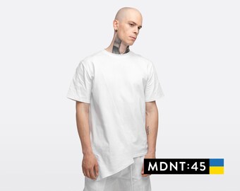 Asymmetric white T-shirt, men geometric futuristic top, sci-fi loose cotton tee, summer festival shirt, A0413