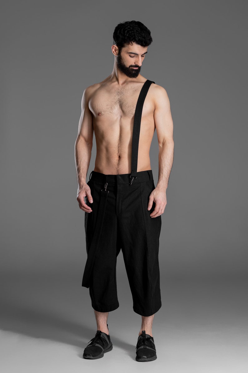 Black linen men shorts with suspenders loose summer bermuda Etsy