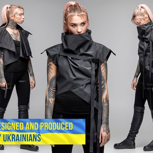 Women bolero punk jacket, black turtleneck top, steampunk vest, gothic futuristiс dystopian festival alternative cyberpunk clothing, A0216