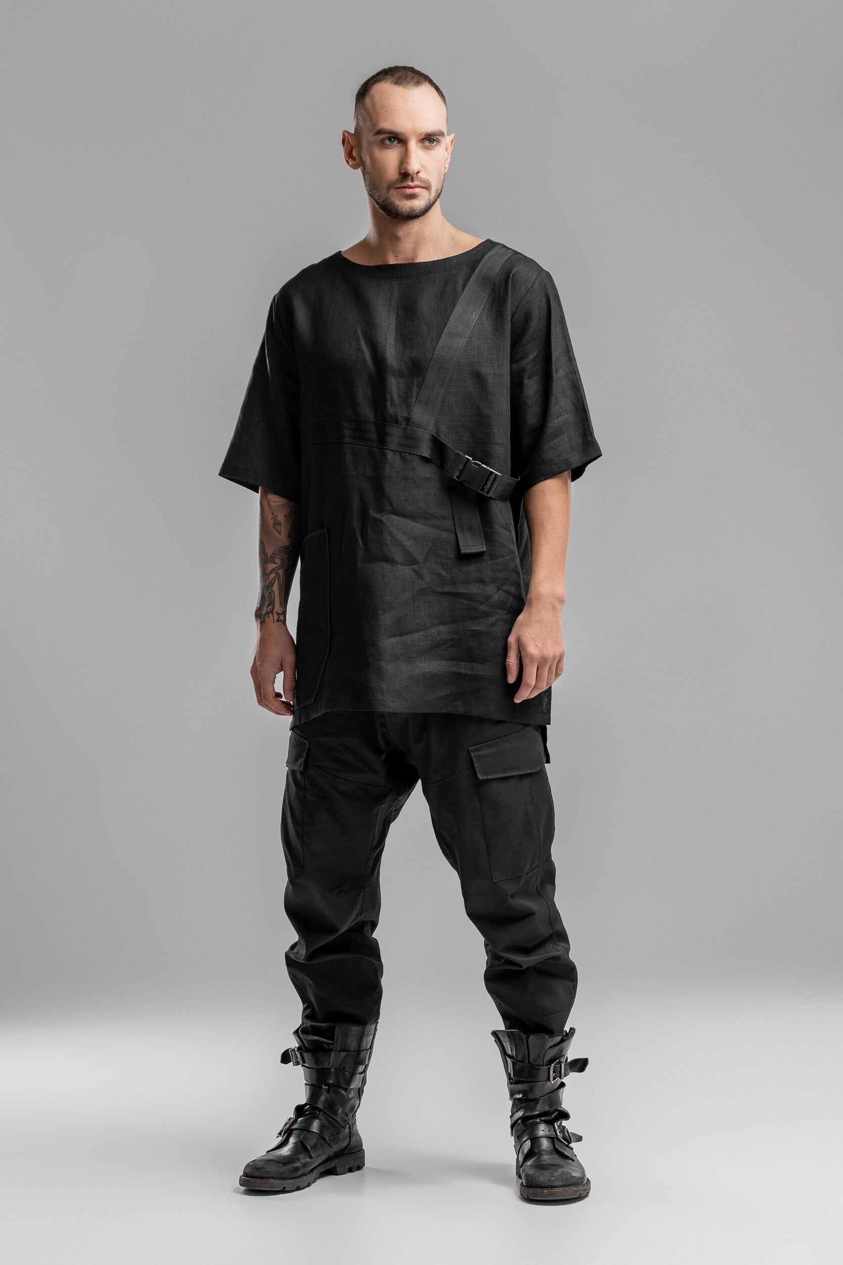 steampunk sci-fi clothing casual street style A0301 men black geometric top punk rock tee Linen oversized T shirt