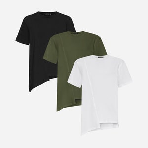 Three Piece Set Green Black White streetwear shirt, handmade minimalist cotton tee, asymmetrical top, futuristic clothing, mdnt45, A0413