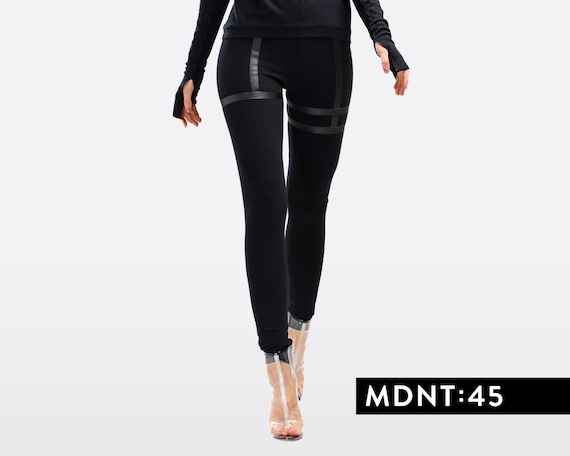 Black Garter Leggings Leather Stripes Techwear Pants Cyberpunk