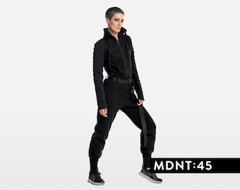 Black jumpsuit women, sci-fi space suit, adult one piece boiler suit, cyberpunk military coverall, cosplay futuristic clothing, A0307