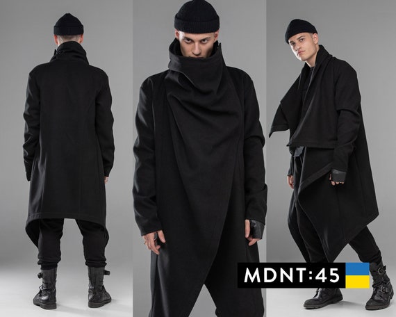 Black Long Trench Coat Men Asymmetrical Dystopian Mens Cardigan