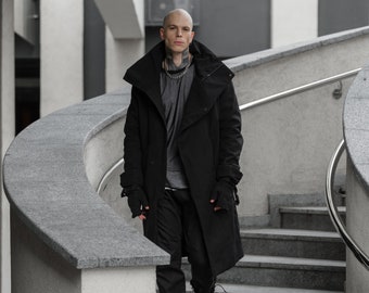 Schwarzer Stehkragen-Herrenmantel, asymmetrische Oversized-Jacke aus Baumwolle, lange Strickjacke im Streetstyle, lockerer Techwear-Trenchcoat, A0370