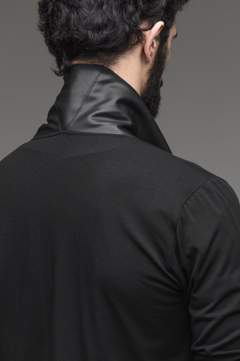 Leather draped jacket men black cardigan asymmetric wrap Etsy