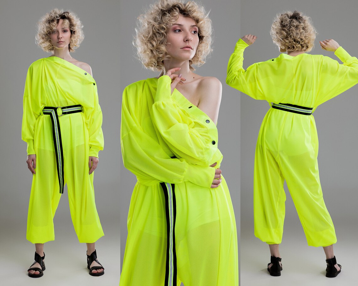 Women neon mesh jumpsuit off shoulder harem overalls 80s Etsy