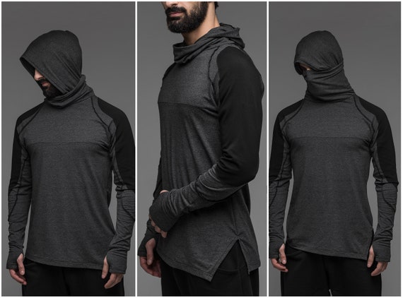 Ninja sweat à capuche à manches longues, vêtements de cosplay gris pour hommes, masque à poussière fantaisie costume pull, col roulé noir haut A0099 Ninja sweat à capuche à manches longues, vêtements de cosplay gris pour hommes, masque à poussière fantaisie costume pull, col roulé noir haut A0099