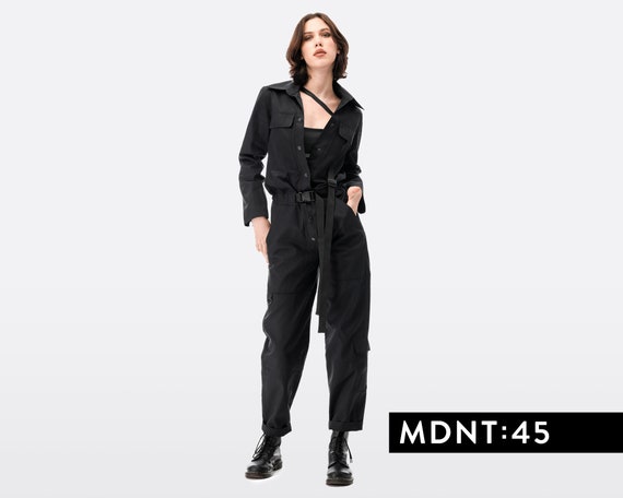 Black jumpsuit women, one piece boiler suit, techwear coverall