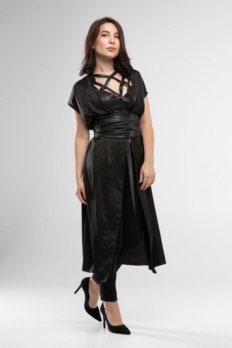 Japanese kimono black Dress with eco leather corset belt faux Etsy