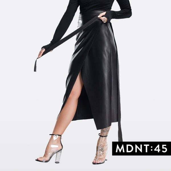 Longue jupe midi noire, jupe taille haute en similicuir pour femmes, jupe portefeuille ceinturée, jupe corset en latex, vêtements futuristes, A0232