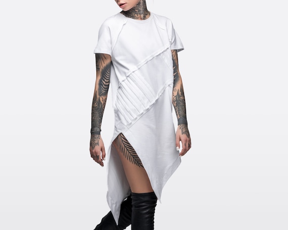 Women's Fashion White/green/black Asymmetric Longline Shirt Shirt
