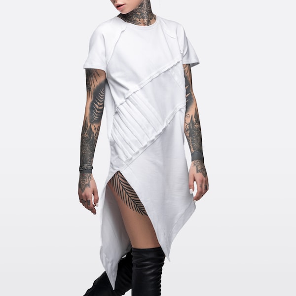 Asymetrisches weißes T-Shirt Kleid, geometrische futuristische Tunika für Frauen, lässige post-apokalyptische Kleidung, aktive Herbstkleidung, A0147