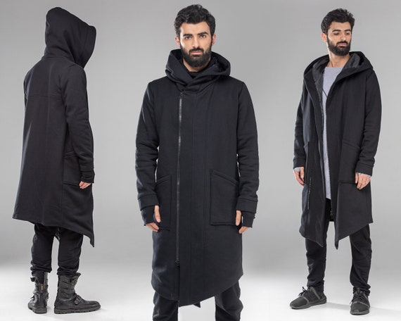 Black hooded asymmetric coat | Etsy
