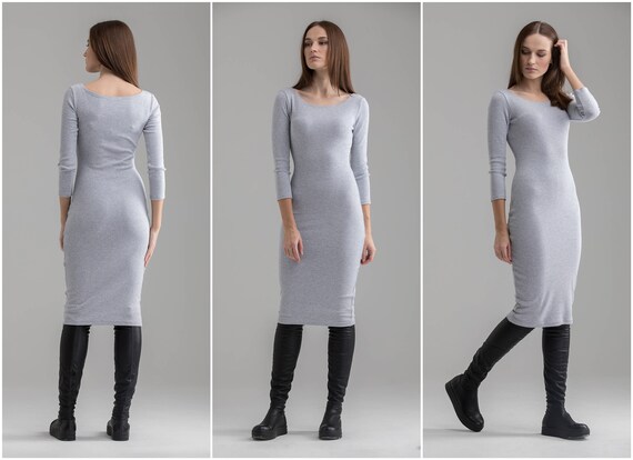 Grey Knee Length Bodycon Dress