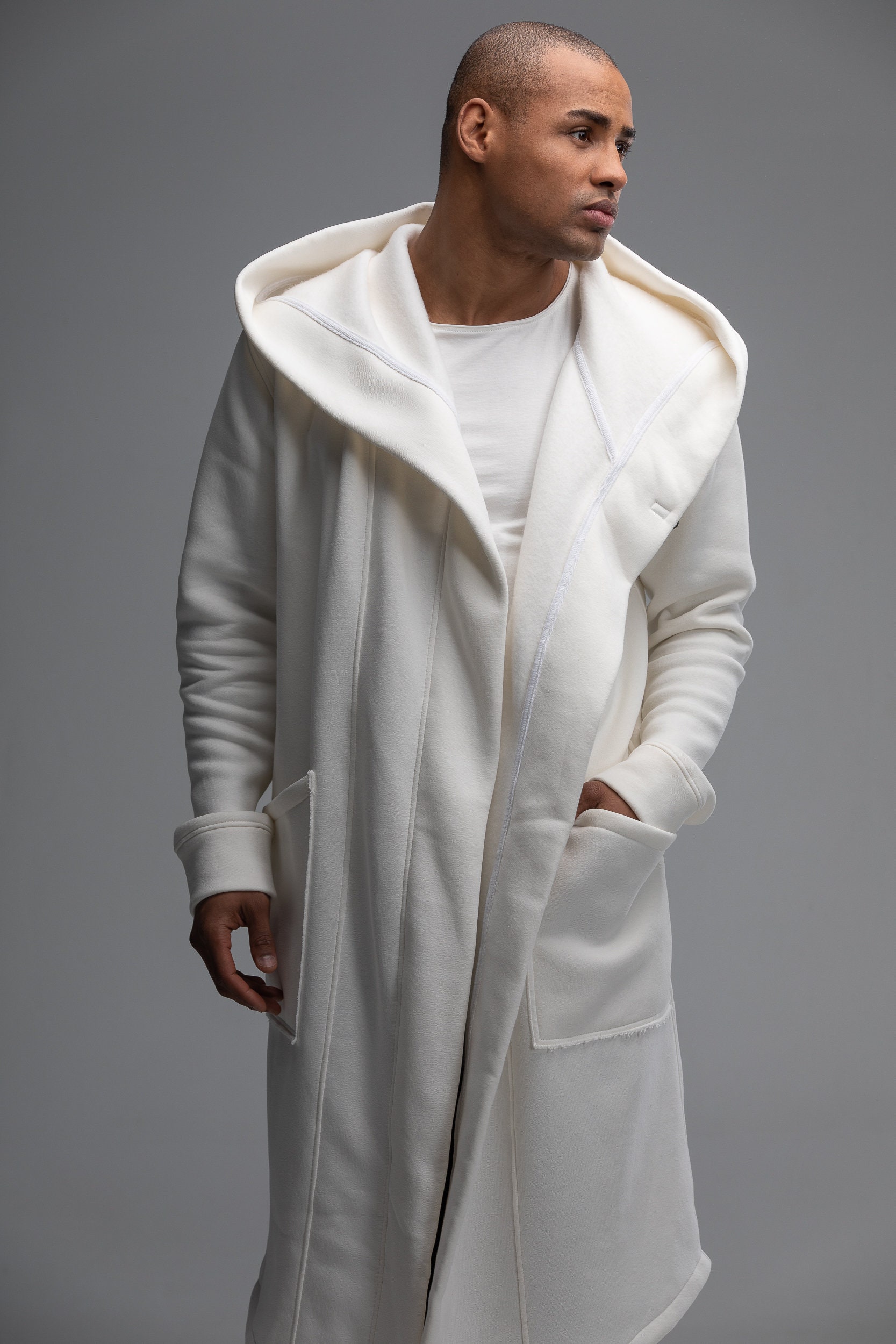 White Hoodie Long Cardigan Men 