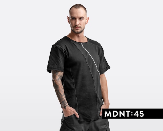 Black Men's Tee, Sci-fi Streetwear, Longline Asymmetrical T-shirt