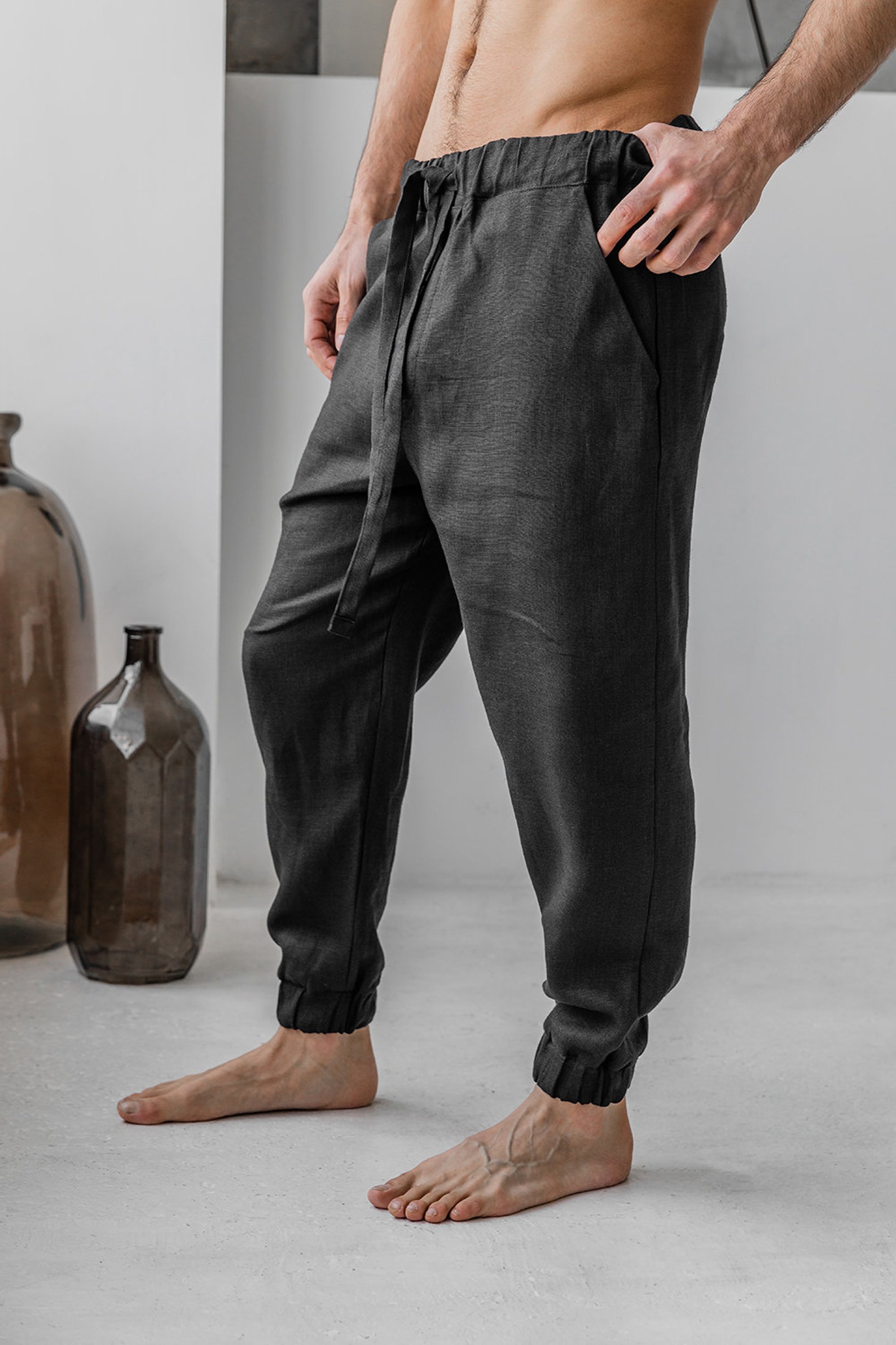 Mens Black Linen Pants Samurai Wide Leg Pants Bohemian Harem Etsy