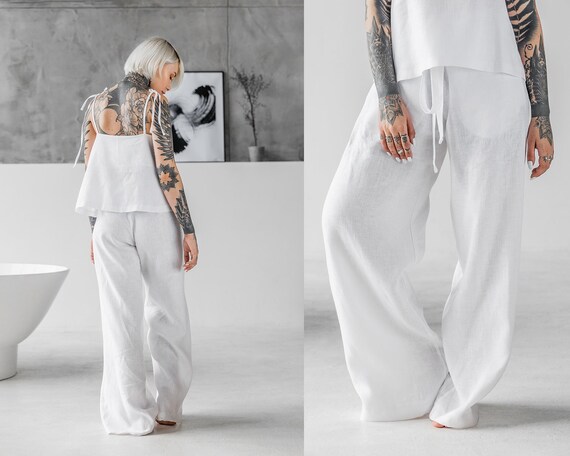 Women White Linen Pants Kimono Harem 