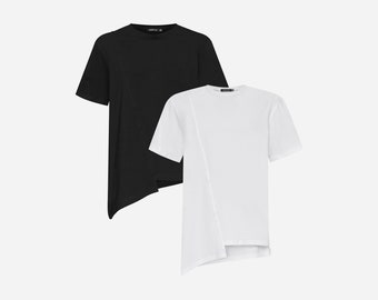 Two Piece Set Green Black White streetwear shirt, handmade minimalist cotton shirt, asymmetrical top, futuristic clothing, mdnt45, A0413