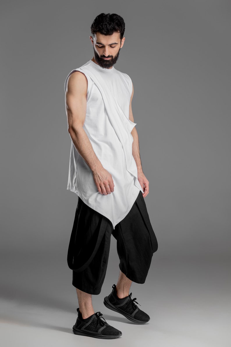 White sleeveless asymmetric shirt loose cotton men top | Etsy