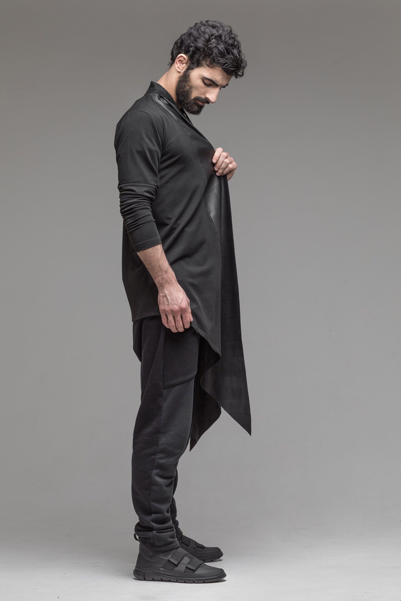 Leather draped jacket men black cardigan asymmetric wrap | Etsy