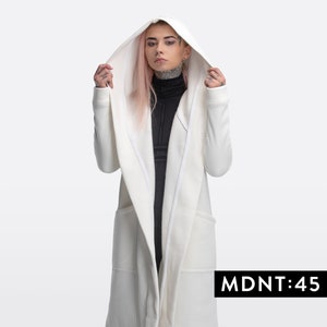 White hooded cloak, oversized long cosplay cape with hood, white cardigan women, spring & fall coat, futuristic cyberpunk clothing, A0008