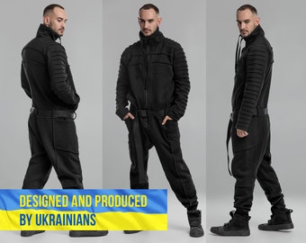 Black jumpsuit men, sci-fi cosplay flight suit, streetwear black overalls, rave boiler suit, cyberpunk futuristic clothing men, A0308