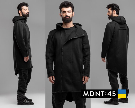 Black Long Cardigan Men Asymmetric Zip up Hoodie Mens Long - Etsy UK