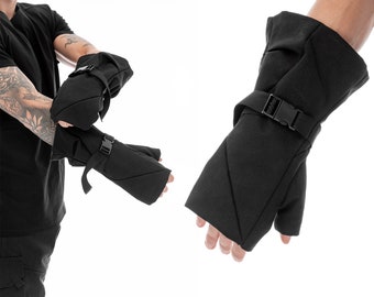 Black techwear fingerless gloves for men, long cotton arm warmers, street style warm mittens, cyberpunk gloves, A0372