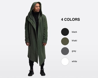 Herren Kapuzenumhang, langer Maxi Mantel, grüner Umhang, übergroße Strickjacke Herren, Khaki Mantel mit Kapuze, übergroßer Hoodie, mdnt45, A0009