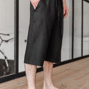 Black Long Linen Shorts Mens Boxers With Pockets Workout - Etsy