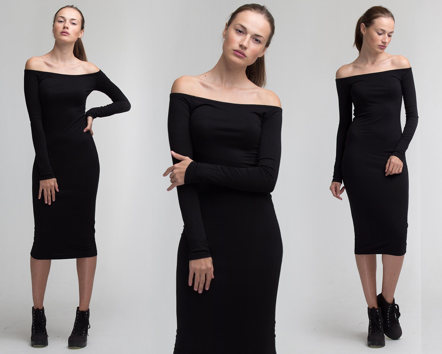 black evening dress off the shoulder