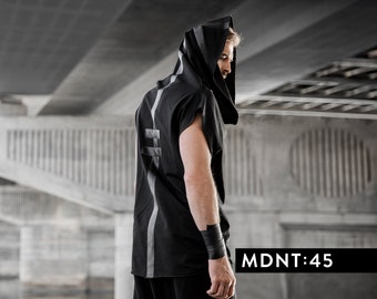 Black cyberpunk shirt, hooded sleeveless techwear vest, asymmetrical gothic top, burning man tank top, futuristic clothing mdnt45, A0143