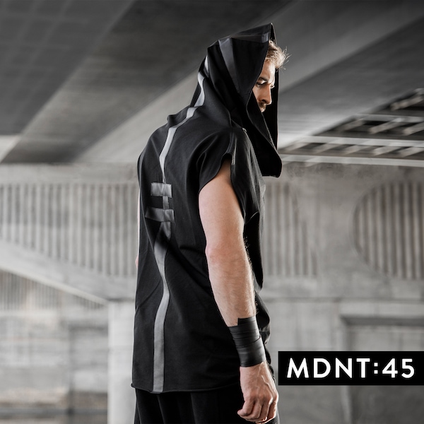Black cyberpunk shirt, hooded sleeveless techwear vest, asymmetrical gothic top, burning man tank top, futuristic clothing mdnt45, A0143
