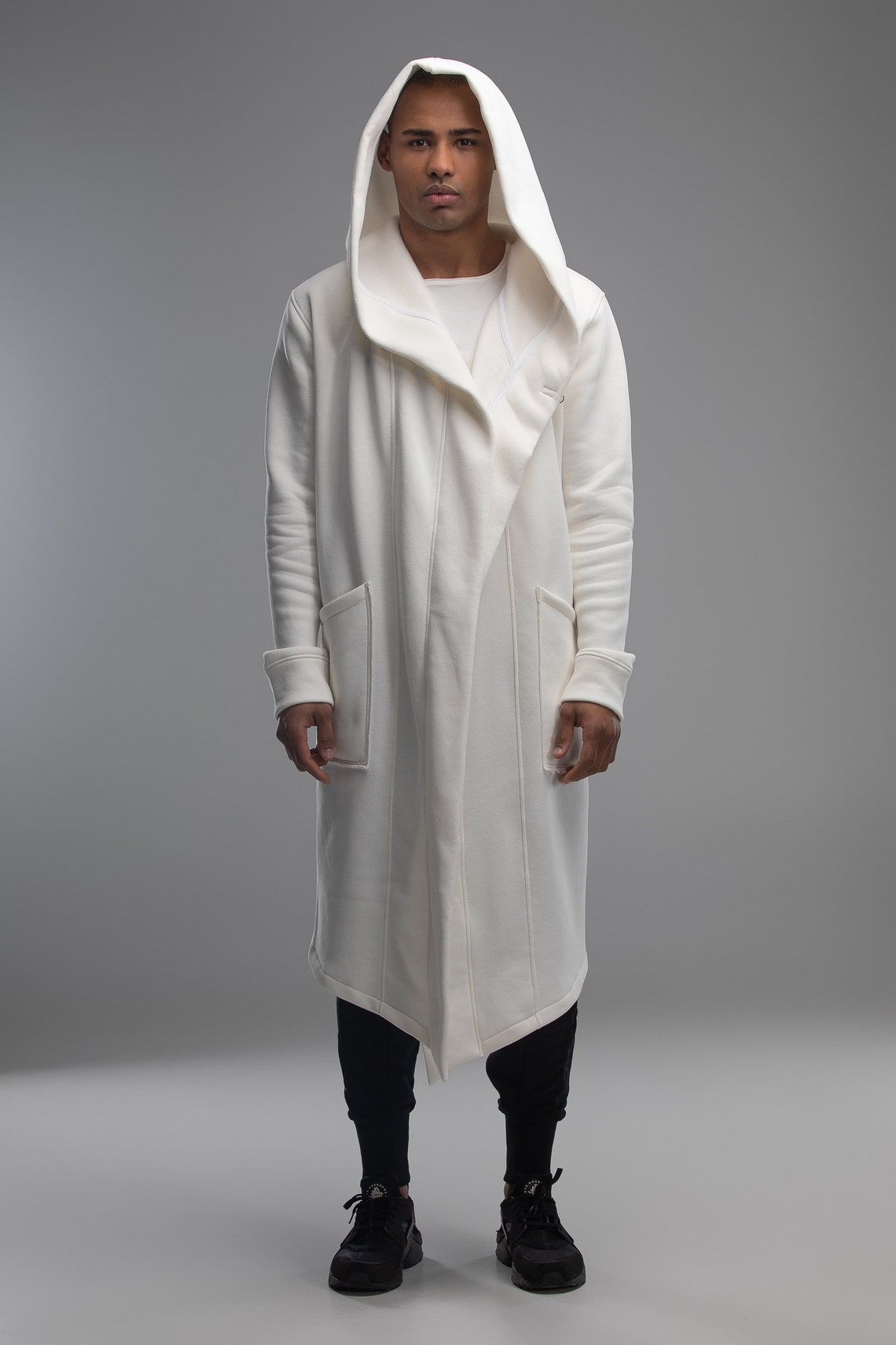 Geometric hooded coat men white futuristic jacket long | Etsy