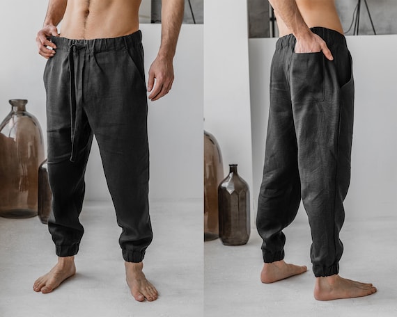 Linen men pants Meigin black, samurai linen harem pants, linen track yoga trousers, A0343