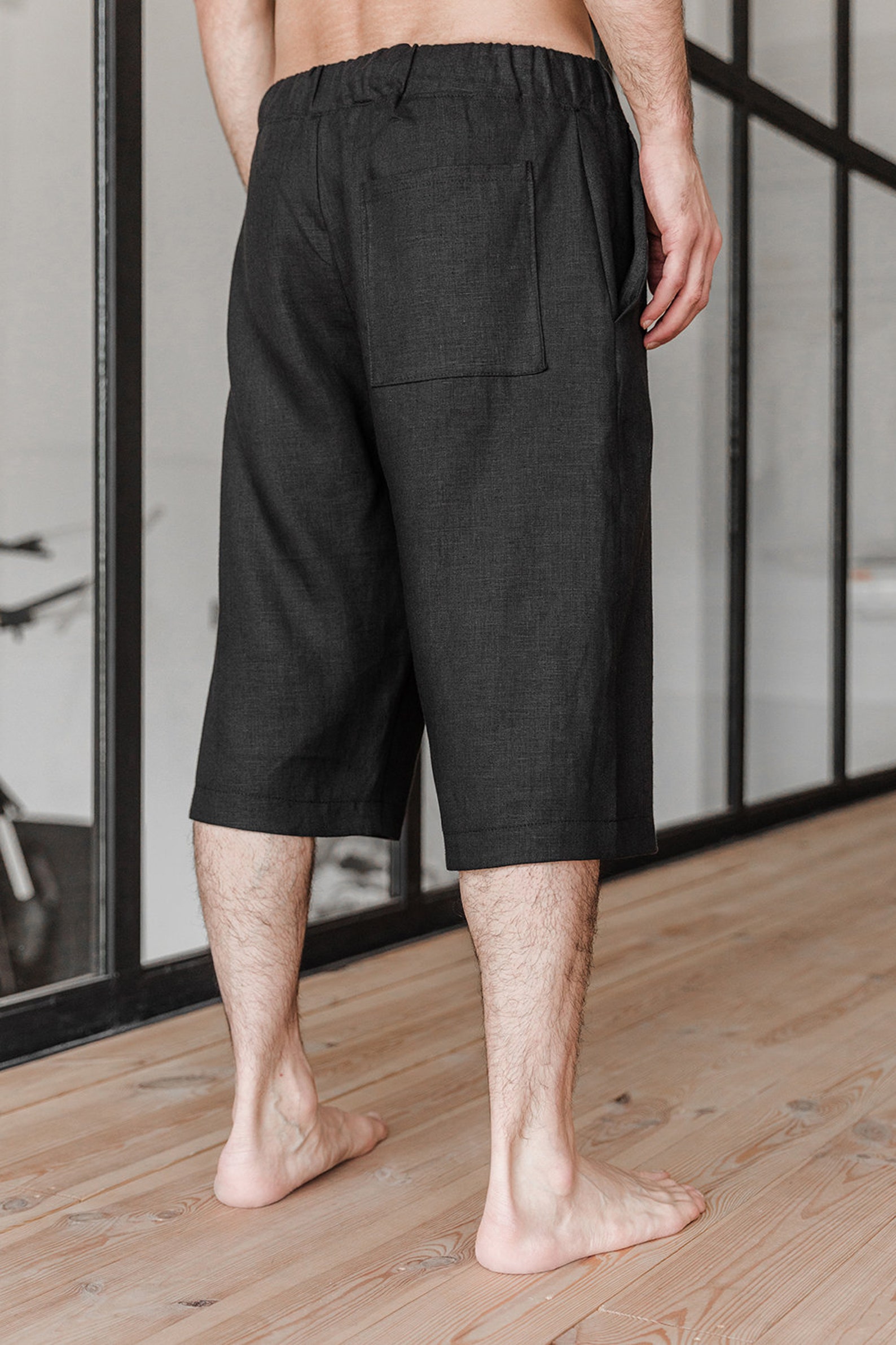 Black Long Linen Shorts Mens Boxers With Pockets Workout Etsy