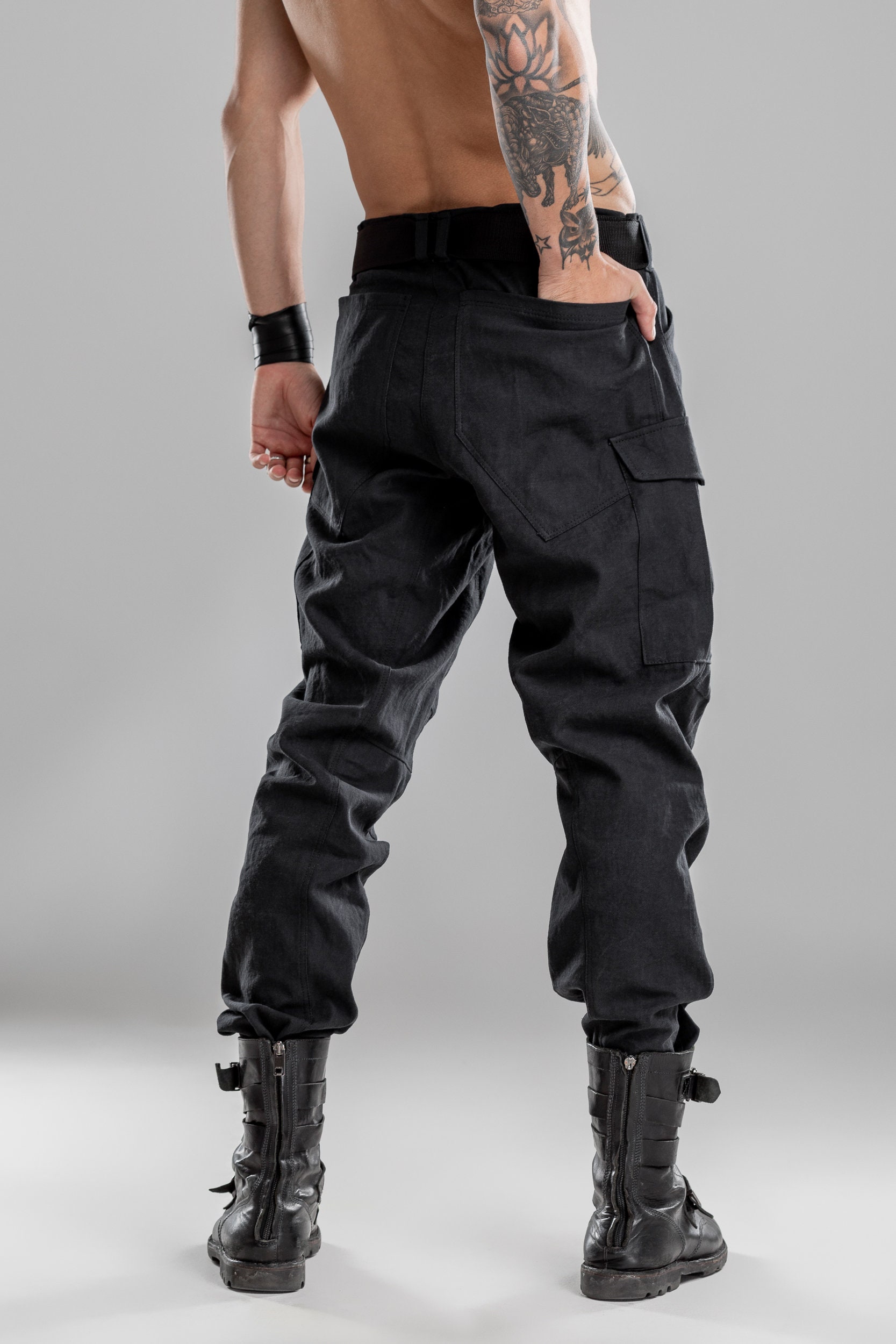 Black Cargo Pants Futuristic Techwear Pants for Men Belted | Etsy