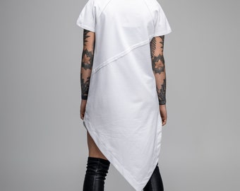 Asymmetric White T-shirt Dress Women Geometric Futuristic 