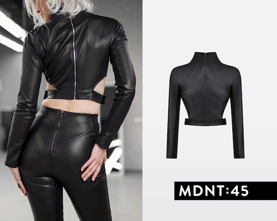 Black Leather Jacket Women, Sexy Long Sleeve Crop Top, Sci Fi