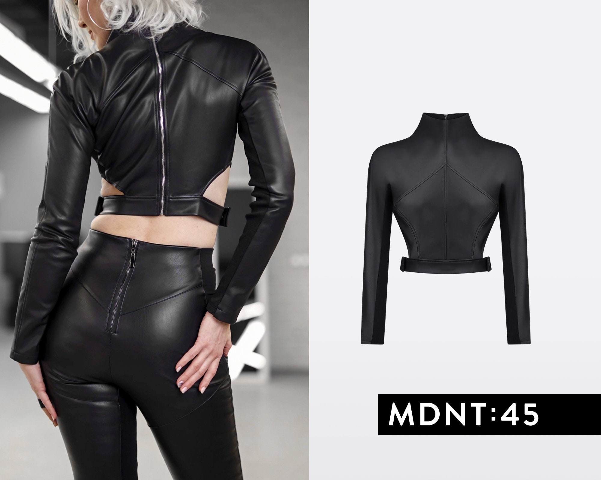Black Leather Jacket Women, Sexy Long Sleeve Crop Top, Sci Fi Biker Jacket,  Zipper Cyberpunk Jacket, Futuristic Clothing Mdnt45, A0244 