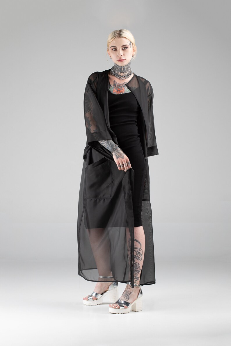 Women maxi sheer black coat mesh japanese kimono jacket Etsy