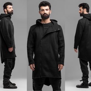 Black Long Cardigan Men Asymmetric Zip 